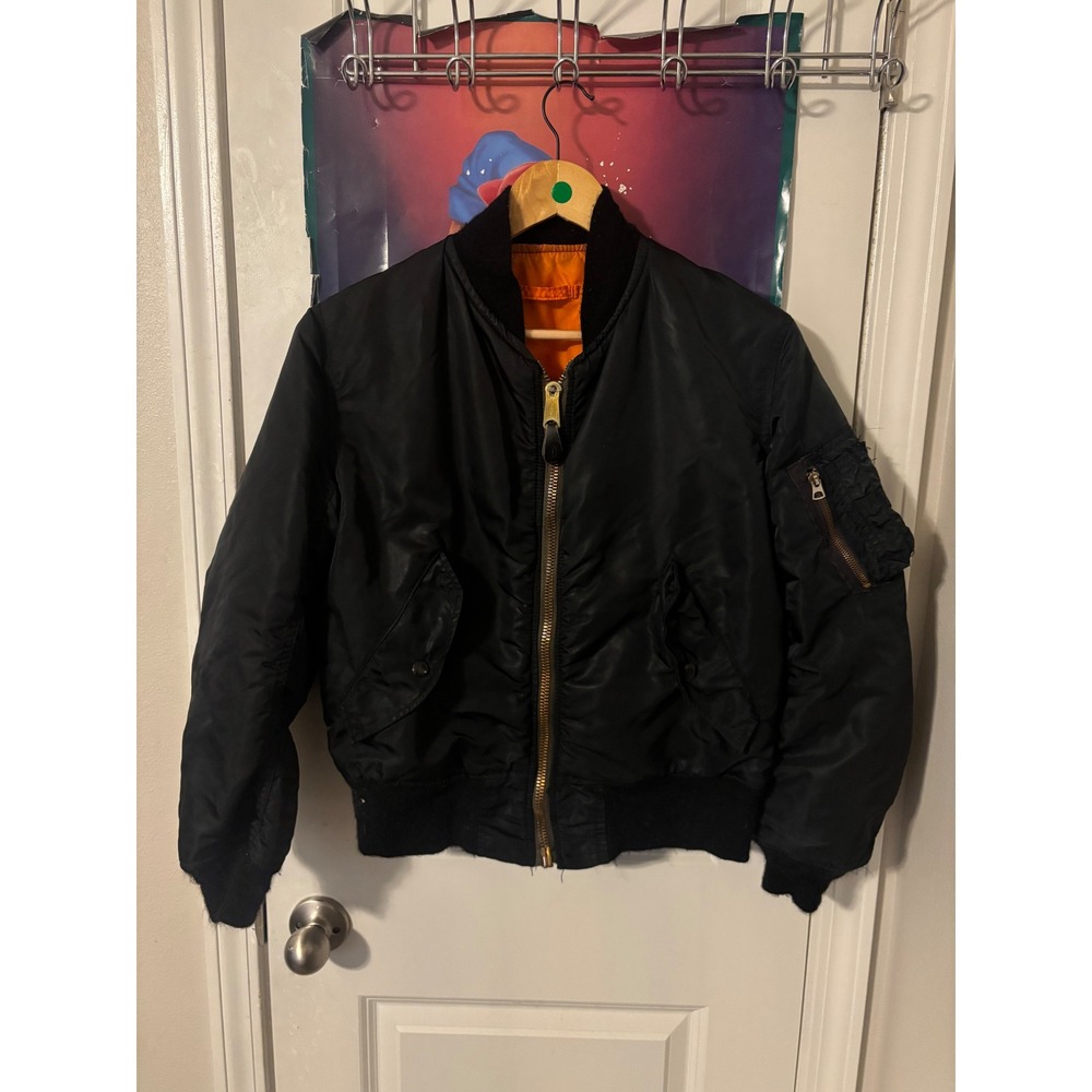 Vintage MA-1 Flight Jacket Reversible Bomber Black Orange Brass IDEAL Zipper